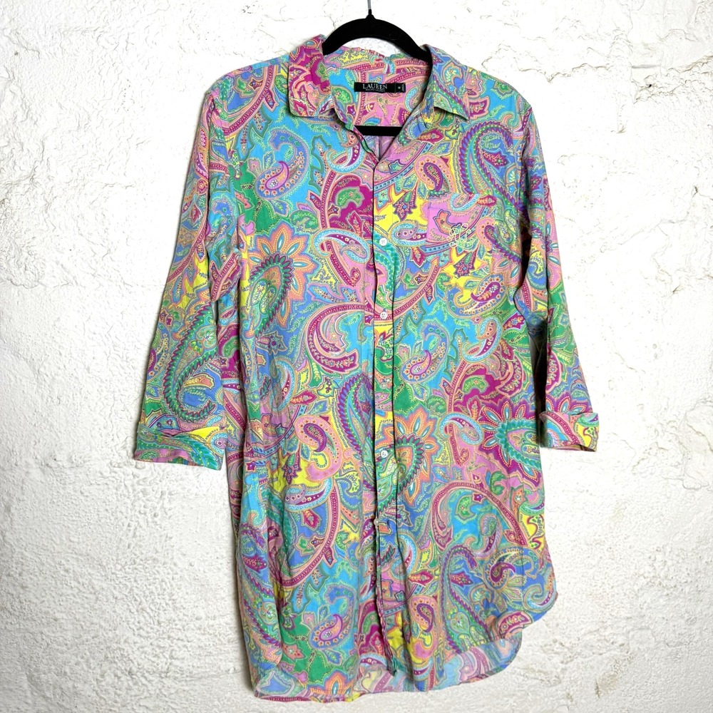Lauren Ralph Lauren Womens Multicolor Paisley Cotton Sleep Shirt Size M Boho PJs